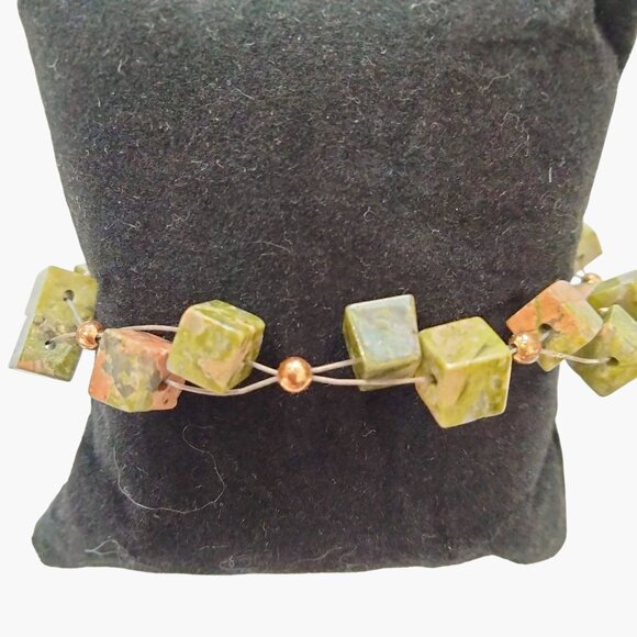 Unakite Copper Bracelet Cube Bead Illusion Floating Toggle Clasp 8 inch - Picture 3 of 7